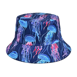 Reversible Bucket Hat Polyester Jellyfish Print Sun Protection Short Brim Outdoor Travel Summer
