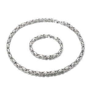 Polished silver Byzantine link chain necklace and bracelet set for men in stainless steel