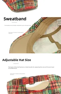 Detail of cotton plaid beret cap with moisture-wicking sweatband and adjustable metal buckle