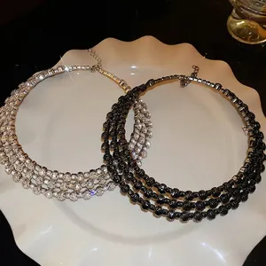 Luxurious multi-layer rhinestone choker set with silver and black metallic finishes