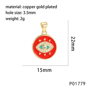 Detailed copper gold-plated Evil Eye pendant with zircon inlay and 22x15mm dimensions