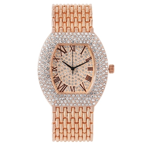 Elegant rose gold tonneau-shaped quartz watch for women featuring full rhinestone dial