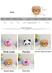 Size specifications table and five cartoon panda and bear animal crossbody bags for kids