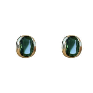 Vintage emerald oval zircon stud earrings with gold plating on a clean white background