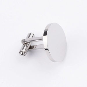 Detailed view of mirror-polished silver round cufflinks with swivel post mechanism