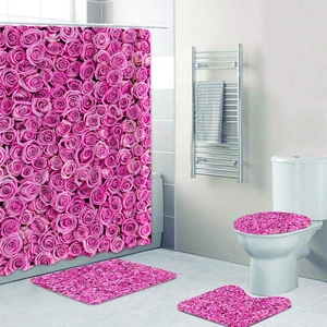 Waterproof Polyester Shower Curtain Bathroom Mat Rug Toilet Lid Cover Rose Heart Romantic Valentine Day Decor