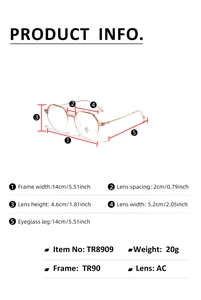 Detailed size specifications for TR90 polygonal glasses frames with precise measurements