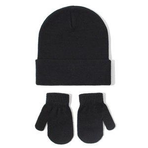 Knitted baby winter hat and mittens set in solid black with cuffed beanie style