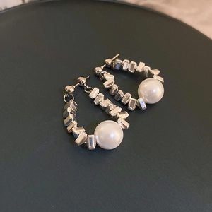 Geometric Block Drop Earrings Alloy Hematite Faux Artificial Pearl With Silver Earring Post For Women Niche High End Elegant Jewelry