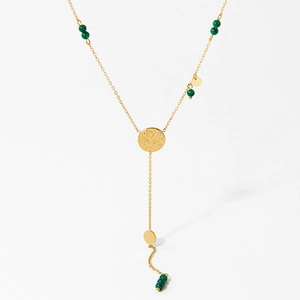 Elegant gold Y-shaped necklace with malachite beads and hammered metal sequins