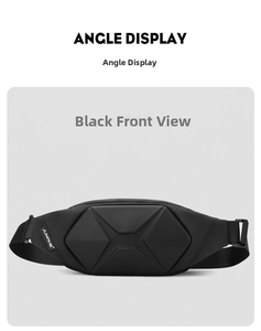 Front view showing the 3D geometric diamond hardshell texture of the black sports chest bag