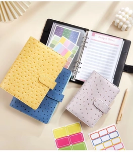 Close-up of A6 binder set featuring ostrich texture, metal 6-hole rings and budget sheets