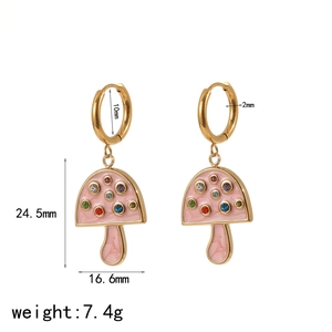 Gold mushroom hoop earrings with pink enamel and colorful crystals and dimensions