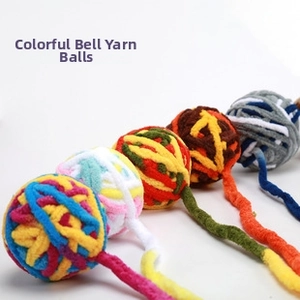 Colorful yarn ball cat toys with internal bells and long strings for interactive play