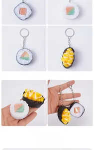 Detailed view of PVC sushi keychains with various realistic food models and metal rings
