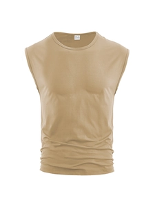 Close-up of khaki sleeveless tank top showing fabric texture and size S collar label