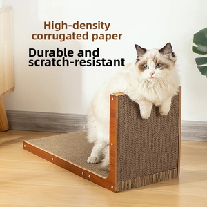 L-shaped cat scratcher detail with durable corrugated paper and solid wood frame