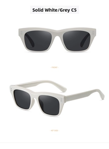 Front and 45-degree side views of white square polarized sunglasses with grey lenses