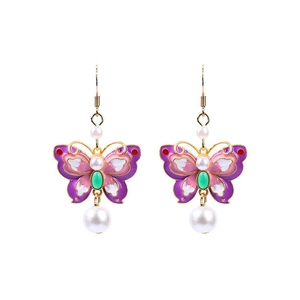 Enamel gradient butterfly earrings with white pearl pendants and green centerpiece