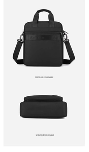 Detailed front and bottom views of black nylon business bag with adjustable shoulder straps