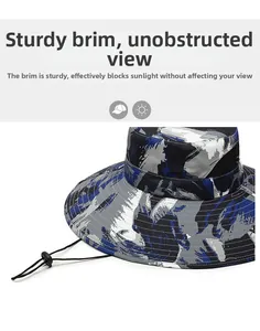 Detail of blue camouflage sun hat showing breathable mesh and wide structured brim