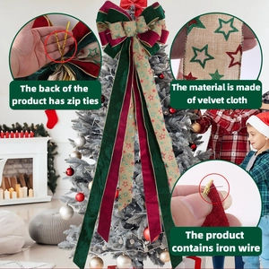 Detail view of large velvet Christmas bow with iron wire and zip ties for tree decoration