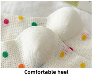 Detailed close-up of white mesh socks showing reinforced heel and colorful polka dots