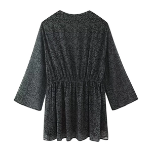 Damen V-Ausschnitt bedrucktes Langarmkleid mit Metallic-Textur und elastischer Taille