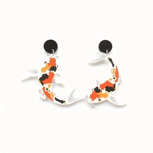 Asymmetric acrylic koi goldfish earrings in vibrant orange and black patterns