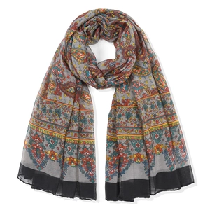 Detail of lightweight gray scarf featuring colorful paisley prints and black borders