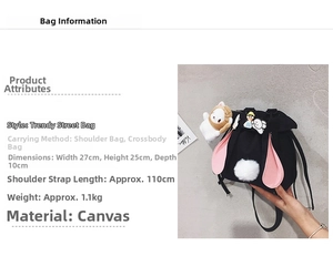 Detail view of canvas bucket bag with rabbit ears showing dimensions 27x25x10cm