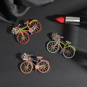 Vintage Bicycle Brooch Pin Alloy Colorful Rhinestone Inlay Retro Style Fashion Suit Accessory For Women Men
