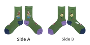 Detailed flat lay of mismatched forest fairy tale socks showing side A and side B patterns
