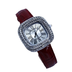 Luxury square women's watch with diamond bezel, Roman numeral dial and red leather strap