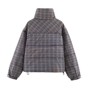 Women plaid puffer jacket with high collar and adjustable drawstring in dark blue and brown