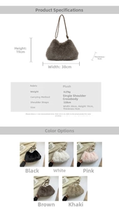 Infographie du sac en fausse fourrure avec dimensions 38x19x9cm et cinq coloris