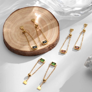18K gold plated stainless steel long chain earrings with rectangle colored gemstones