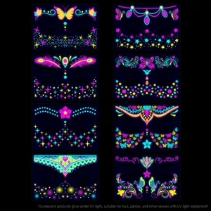 Neon fluorescent facial tattoo stickers set with butterfly and bohemian designs for music festivals
