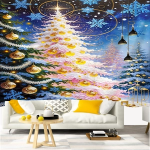 Detailed close-up of a festive Christmas tree tapestry with glowing stars and warm home decor
