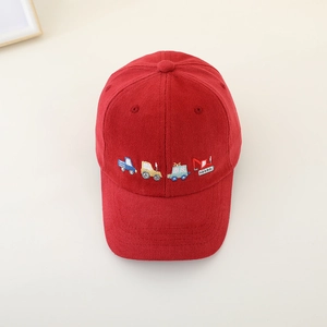 Red corduroy kids baseball cap with cartoon truck embroidery and curved brim