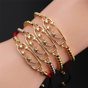 Star Moon Charm Bracelet Copper Gold Plated With Cubic Zirconia Adjustable Woven Rope Fashion Jewelry For Women