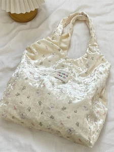 Borsa tote in velluto beige con stampa di orsetti e fiori e fiocchi rosa