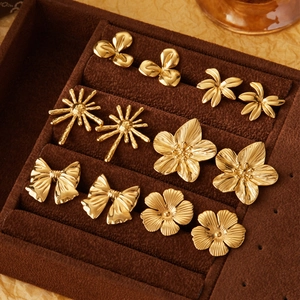 Vintage Gold Stainless Steel Flower Bow Starburst Pendant Necklace And Earrings Paperclip Chain Jewelry For Women