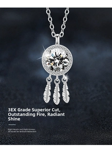 Macro shot of dreamcatcher pendant with brilliant 3EX cut moissanite and silver feathers