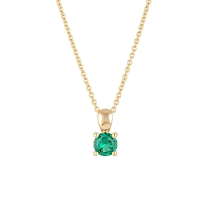 Close-up of gold-plated silver necklace with a green round gemstone in 4-prong setting