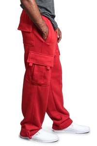 Close-up of red cargo pants with large flap pockets and high-quality cotton texture