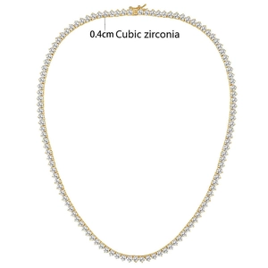 Golden tennis necklace with 4mm cubic zirconia in a three-prong setting on white background