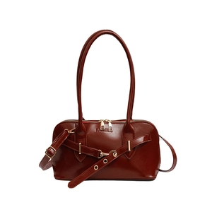 Fashionable reddish-brown oil-wax leather shell handbag with adjustable shoulder strap