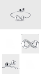 Detail of adjustable 925 silver infinity bracelet with 5A pave-set cubic zirconia