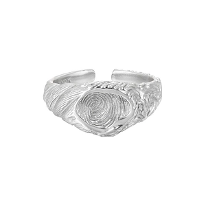 Minimalist S925 sterling silver open ring featuring a unique fingerprint texture design